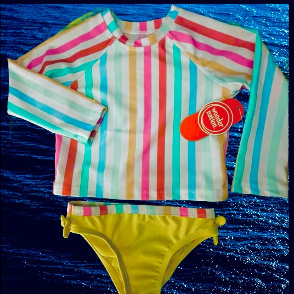 NWT 2T 2pc Bathing Suit Swimsuit Pastel Stripes Yellow Bottoms Baby UPF 50+